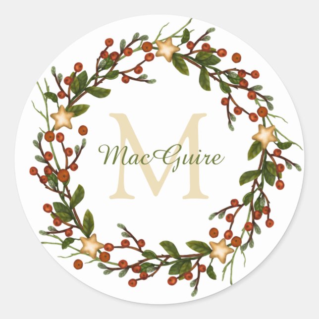Elegant Christmas Wreath Monogram Initial Classic Round Sticker (Front)