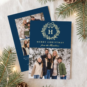 Elegant Christmas Wreath Monogram Navy Photo Foil Holiday Card