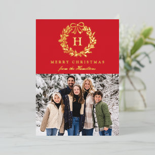 Elegant Christmas Wreath Monogram Red 4 Photo Foil Holiday Card