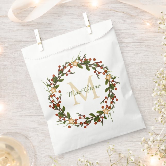 Elegant Christmas Wreath Monogrammed Favour Bags (Clipped)