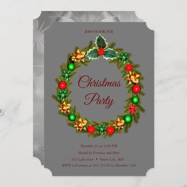 Elegant Christmas Wreath Ornaments Red Invitation (Front/Back)