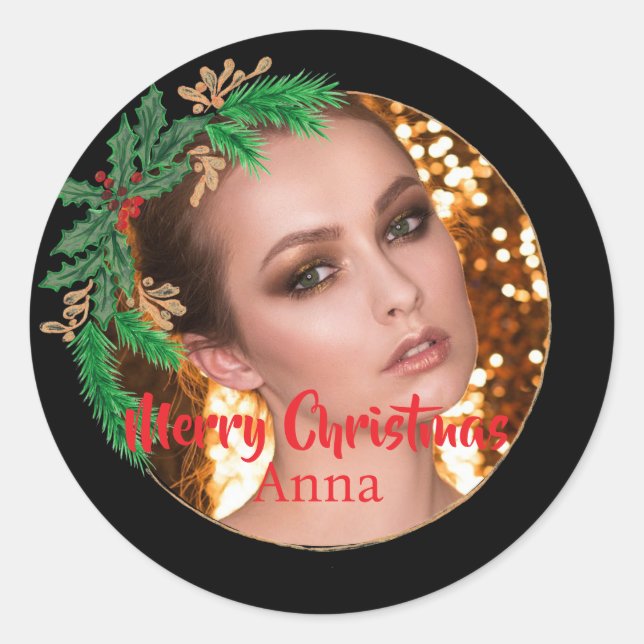 Elegant Christmas Wreath Photo Black Gold Classic Round Sticker (Front)