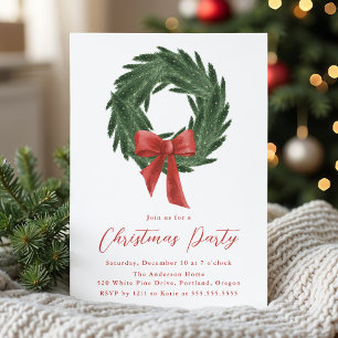 Elegant Christmas Wreath Red Bow Holiday Party Invitation