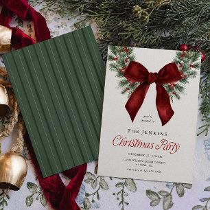 Elegant Christmas Wreath Red Bow Party Invitation