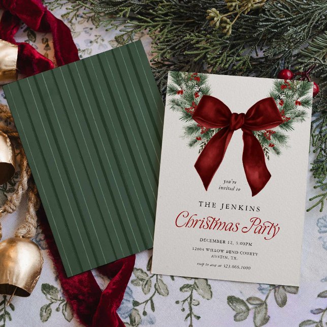 Elegant Christmas Wreath Red Bow Party Invitation (Red Ribbon Wreath Christmas Party Invitation)