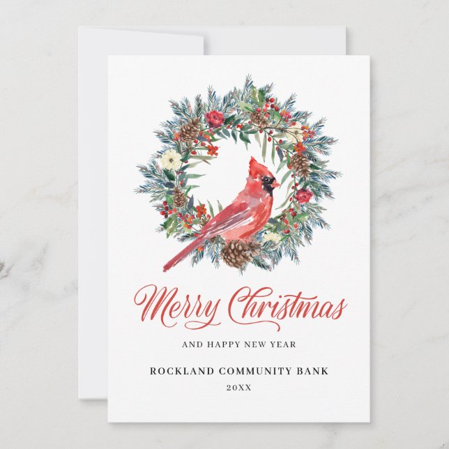 Elegant Christmas Wreath Red Cardinal Corporate  Holiday Card (Front)