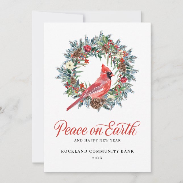 Elegant Christmas Wreath Red Cardinal Corporate  Holiday Card (Front)