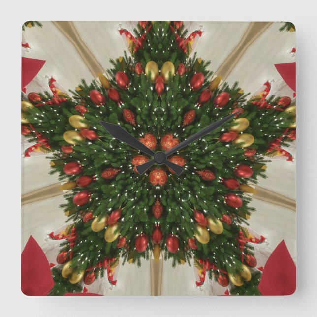 Elegant Christmas Wreath Red Green Kaleidoscopic Square Wall Clock (Front)