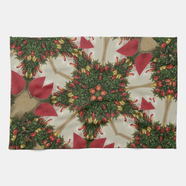 Elegant Christmas Wreath Red Green Kaleidoscopic Tea Towel (Horizontal)