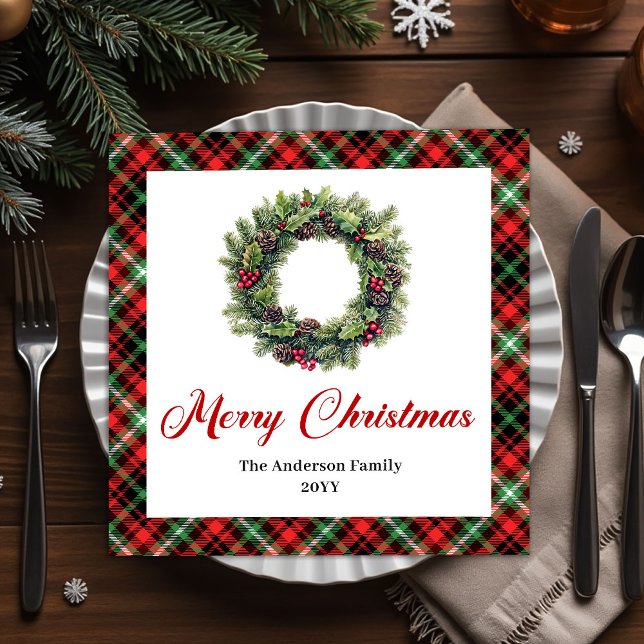 Elegant Christmas Wreath Red Green Plaid Napkins (Elegant Christmas wreath napkins with red green plaid, customizable name.)