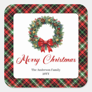 Elegant Christmas Wreath Red Green Plaid Stickers