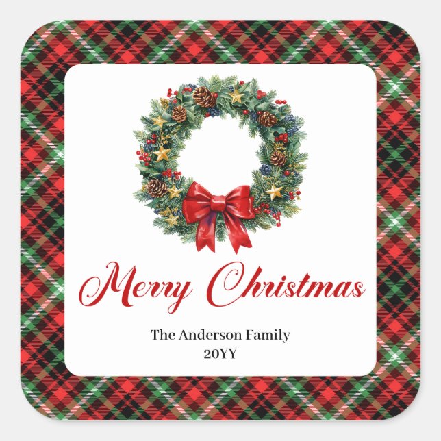 Elegant Christmas Wreath Red Green Plaid Stickers (Front)