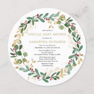 Elegant Christmas wreath Virtual Baby Shower Invitation
