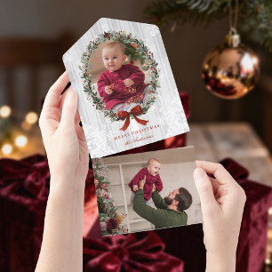 Elegant Christmas Wreath w/Burgandy Bow Photo All In One Invitation