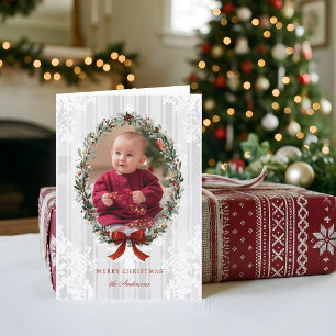 Elegant Christmas Wreath w/Burgandy Bow Photo Holiday Card