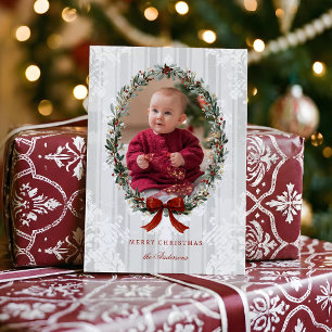 Elegant Christmas Wreath w/Burgandy Bow Photo Holiday Card