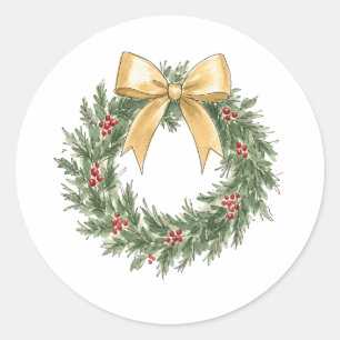 Elegant Christmas Wreath with Gold Bow Watercolor  Classic Round Sticker
