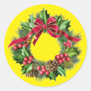 Elegant Christmas Wreath with Red Bow, Holly & Pin Classic Round Sticker