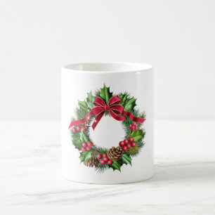Elegant Christmas Wreath with Red Bow, Holly & Pin Coffee Mug