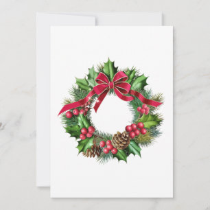 Elegant Christmas Wreath with Red Bow, Holly & Pin Invitation