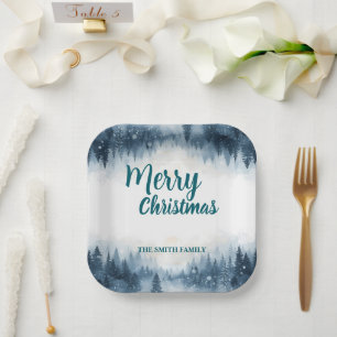 Elegant Christmas Xmas winter pine tree forest Hol Paper Plate