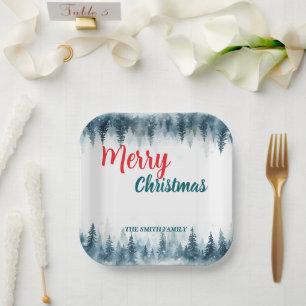 Elegant Christmas Xmas winter pine tree forest Hol Paper Plate