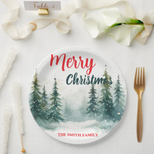 Elegant Christmas Xmas winter pine tree forest Hol Paper Plate