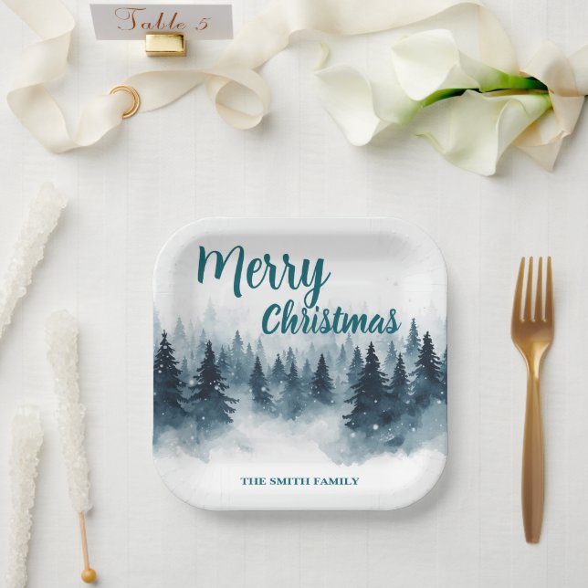 Elegant Christmas Xmas winter pine tree forest Hol Paper Plate (Wedding)