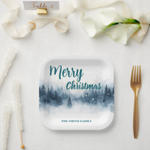 Elegant Christmas Xmas winter pine tree forest Hol Paper Plate