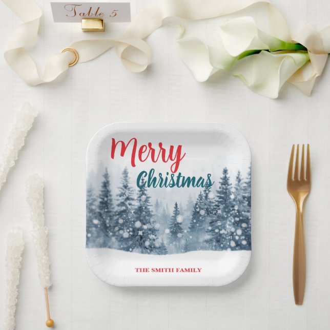 Elegant Christmas Xmas winter pine tree forest Hol Paper Plate (Wedding)