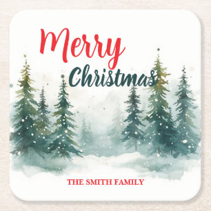 Elegant Christmas Xmas winter pine tree forest Hol Square Paper Coaster