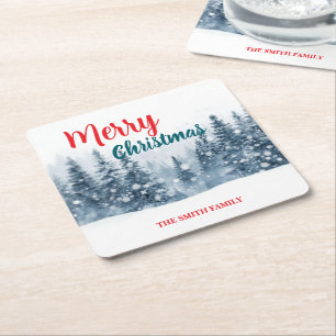Elegant Christmas Xmas winter pine tree forest Hol Square Paper Coaster
