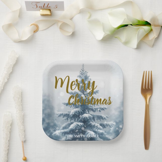 Elegant Christmas Xmas winter pine tree forest  Paper Plate (Wedding)