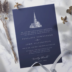 Elegant Church Illustration Navy Formal Wedding  Invitation