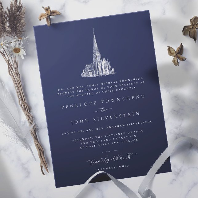 Elegant Church Illustration Navy Formal Wedding  Invitation (navy blue formal wedding invitation with illustration of a church)