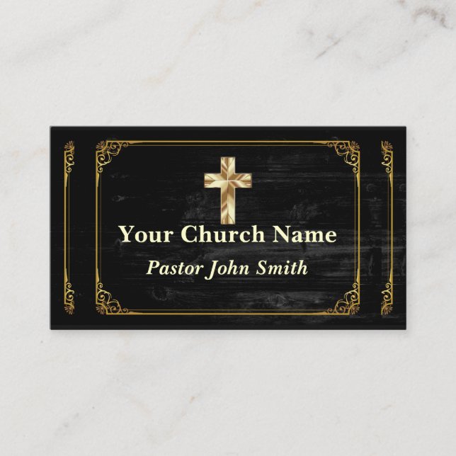 Elegant Church Pastor Gold Border Business Card (Front)