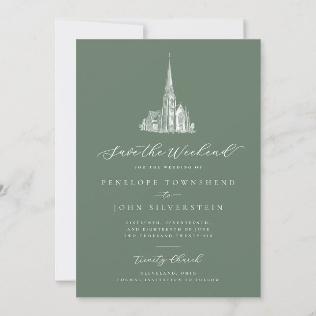 Elegant Church Save the Weekend Sage Green Wedding Date (Front)