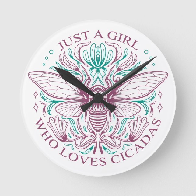 Elegant Cicada Bug Lover Botanical Line Art Round Clock (Front)