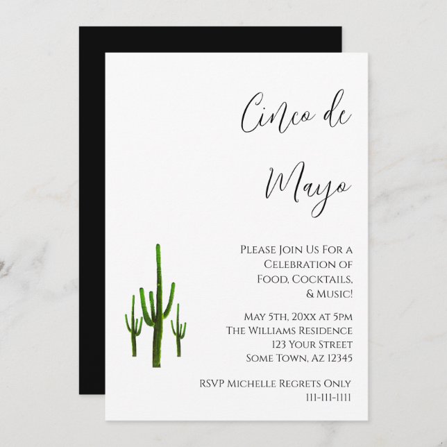 Elegant Cinco de Mayo Cactus Black White Invitation (Front/Back)
