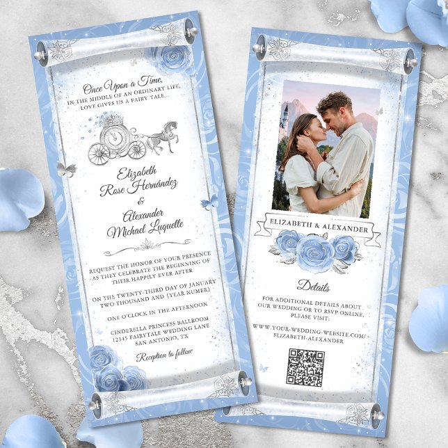 Elegant Cinderella Wedding Scroll Invitation Card (Bring your fairy tale to life with light blue and silver Cinderella wedding scroll invitation cards.)