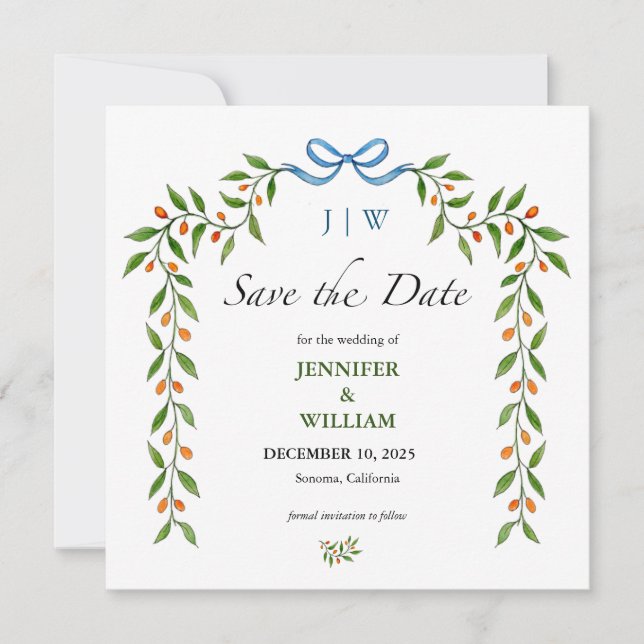 Elegant Citrus and greenery monogrammed wedding  Invitation (Front)