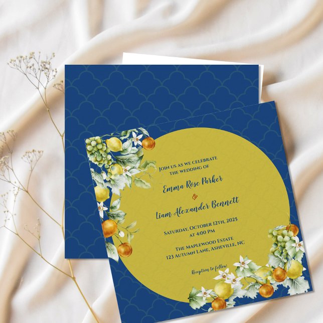 Elegant Citrus Blue Gold Floral Wedding Invitation (Elegant Citrus Blue Gold Floral Wedding Invitation)