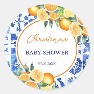 Elegant Citrus Blue Tiles Baby Shower Classic Round Sticker