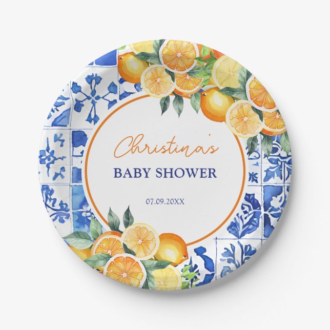 Elegant Citrus Blue Tiles Baby Shower Paper Plate (Front)
