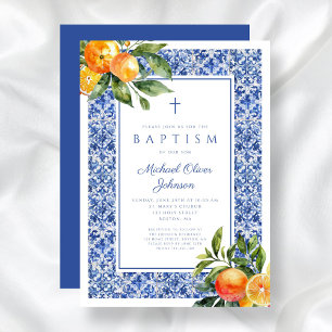 Elegant Citrus Blue Tiles Religious Boy Baptism Invitation