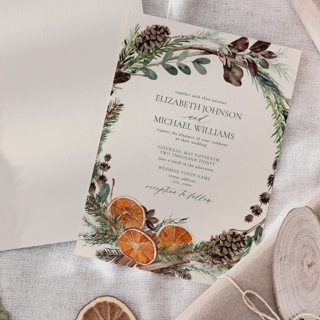 Elegant Citrus Boho Greenery Winter Wedding Invitation (Easily personalize this formal bohemian citrus invitation for the perfect fall or winter wedding)