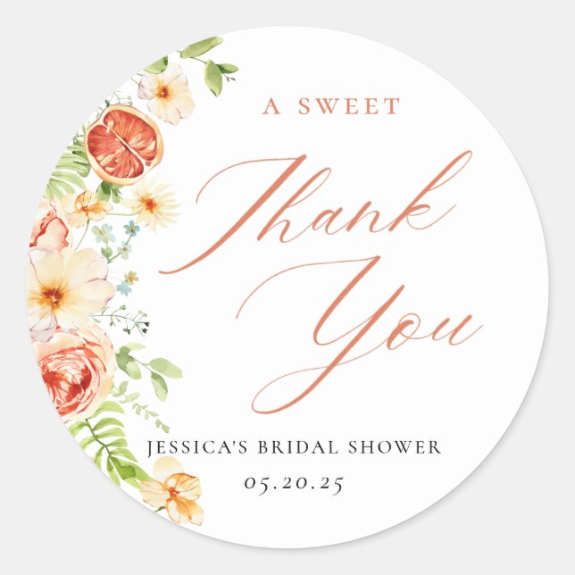 Elegant Citrus Floral Bridal Shower Favour Classic Round Sticker (Front)