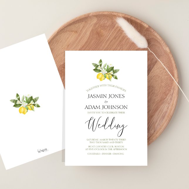 Elegant Citrus Lemon Greenery Wedding Invitation (Citrus Lemons and Greenery Summer Fruits Wedding Invitation)