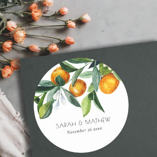 Elegant Citrus Orange Botanical Boho Wedding Classic Round Sticker
