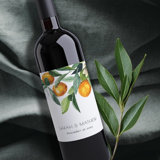 Elegant Citrus Orange Botanical Boho Wedding Wine Label (Creator Uploaded)